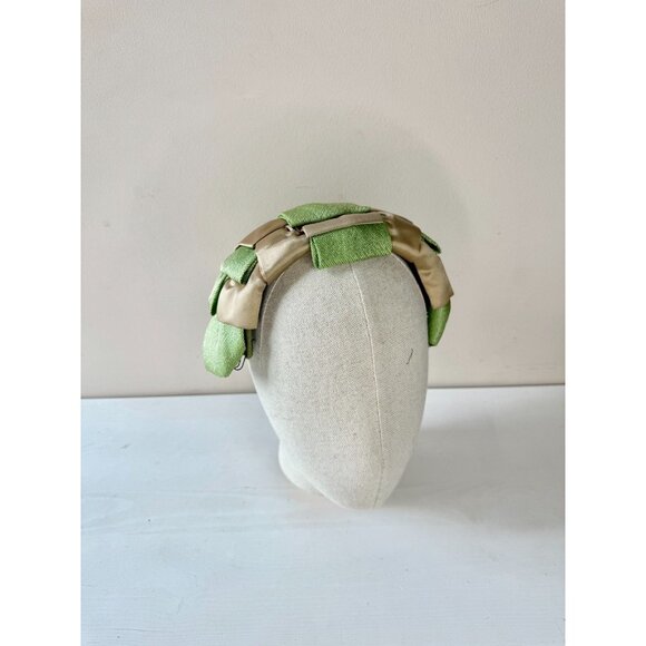 Vintage Green Straw Champagne Satin Ribbon Headband - Picture 5 of 13